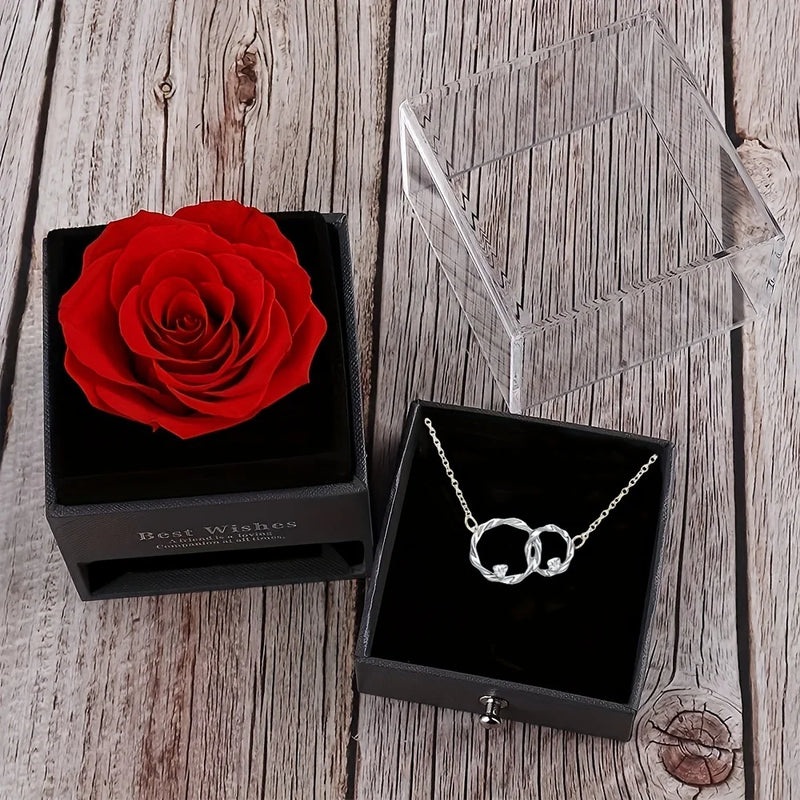 Big Sister & Little Sister Interlocking Circle Necklace & Preserved Rose Gift Set