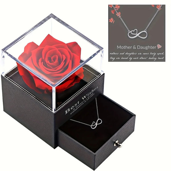 Mother & Daughter Infinity Heart Necklace & Preserved Rose Gift Set