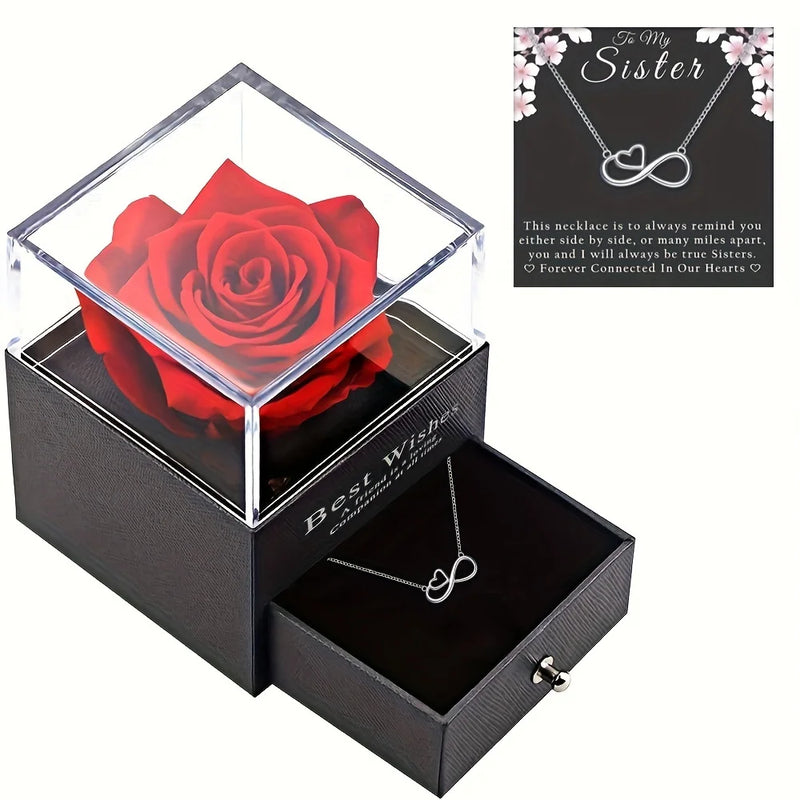 Sister Infinity Heart Necklace & Preserved Rose Gift Set