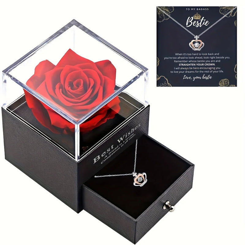 Crown Heart Bestie Necklace & Preserved Rose Gift Set